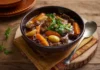Stew meat with potatoes and carrots in a pressure cooker.