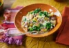 Sweet potato starch served with spinach and gorgonzola sauce