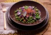 Taioba spaetzle served with buttered purple cabbage